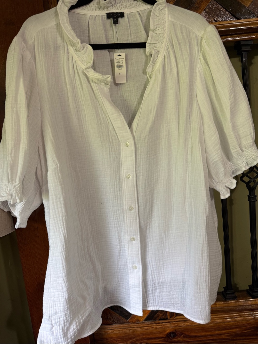 Talbots White Ruffle-Trim Button-Down Blouse